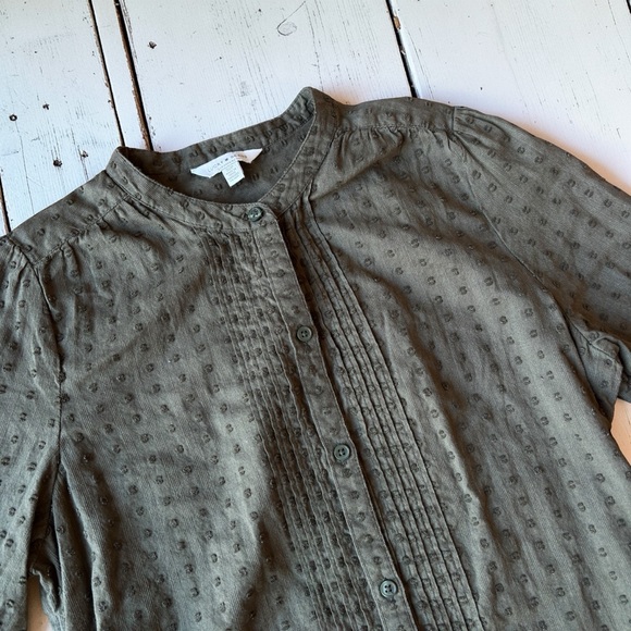 Lucky Brand Olive Green Textured Blouse Size SP Pintuck Button Front Cotton Boho - Picture 5 of 13